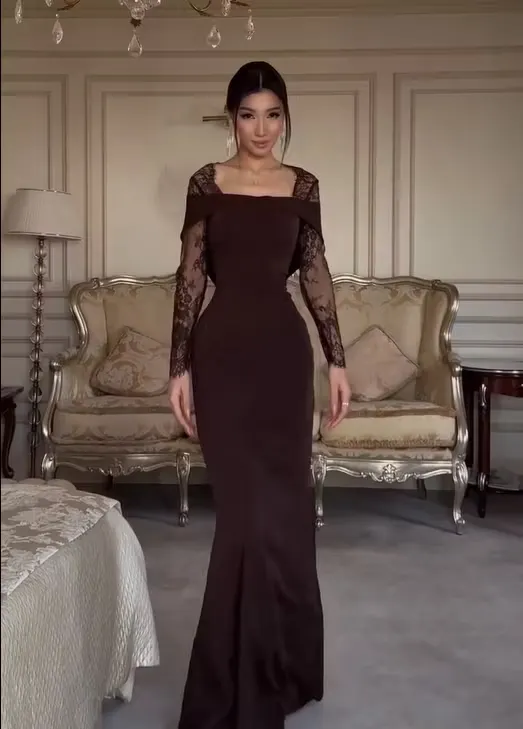 Glamorous Chocolate Brown Tulle Square Neck Long Sleeves High-Waisted Long Pleated Mermaid Prom Dress | ZA0635 Wellcucu