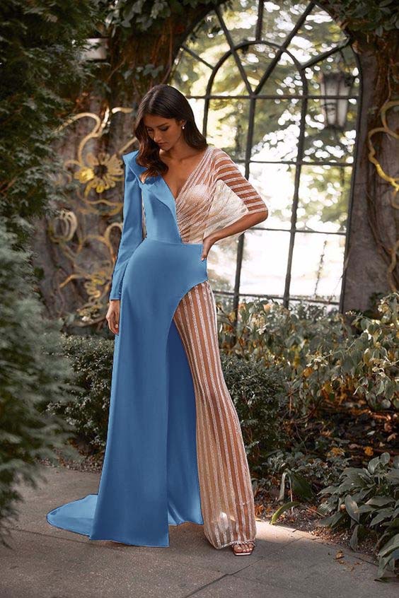 Hidais Patchwork White V Neck Long Sleeves High Waist Long Wid-Leg Jumpsuit with Tulle