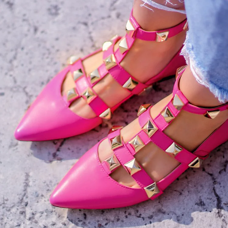 Hot Pink Strappy Flats Pointed Toe Studs Pumps Office Flat Shoes |FSJ Shoes