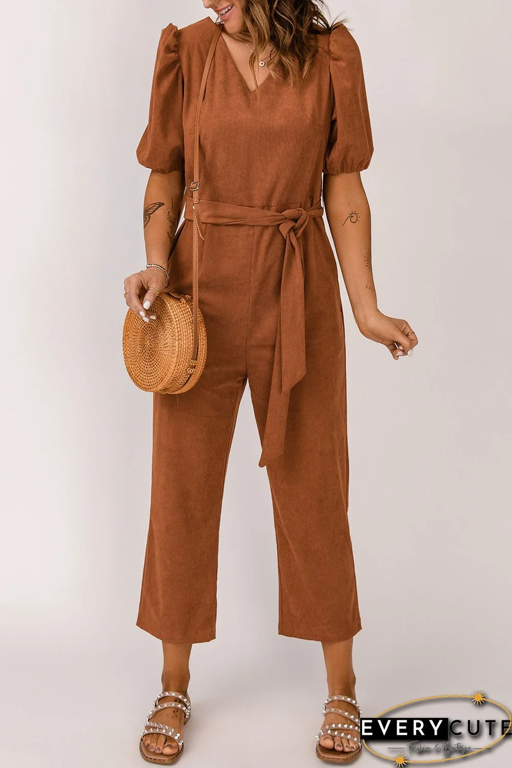 Brown Tie Knot Puff Sleeve Straight Leg High Rise Jumpsuit