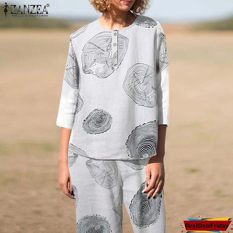 Zanzea Summer Women Cotton Suits Retro Printed 3/4 Sleeve Tops Wide Legs Pants Casual Sets 2Pcs