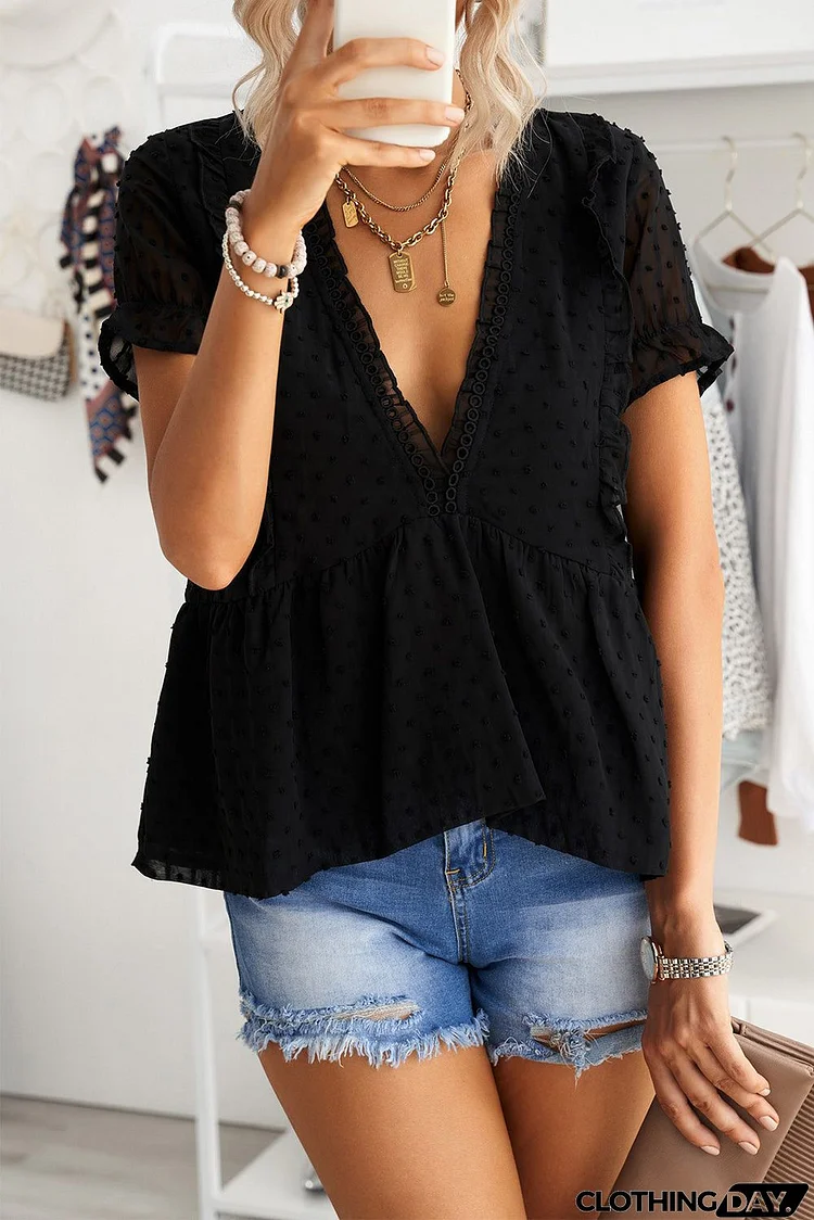 Black Ruffled V Neck Blouse