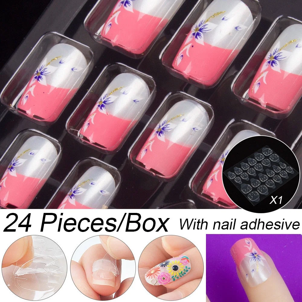 Fashion 24pc/set 10 Sizes Fake Nails Full Cover French False Nail Tips With Double-Sided Nail Adhesive Tab Press On Coffin Nail-Nail Inspo