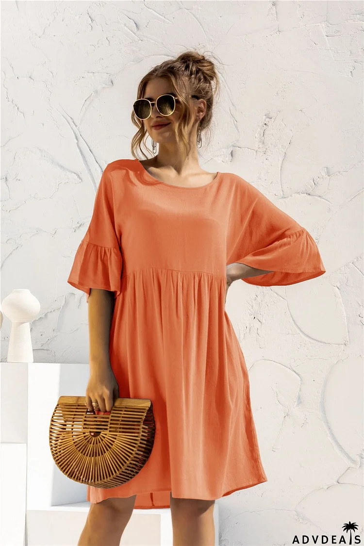 Boat Neck Flounce Sleeve Knee-Length Dress