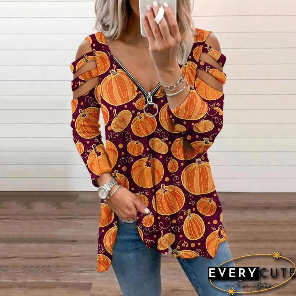 Halloween Print Cold Shoulder Blouse