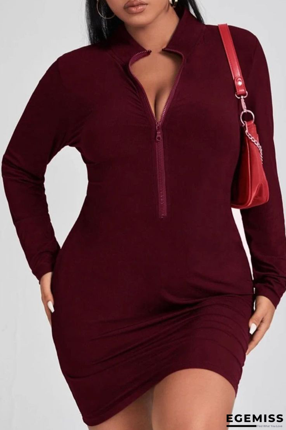 Burgundy Sexy Solid Patchwork Zipper Collar Pencil Skirt Plus Size Dresses | EGEMISS