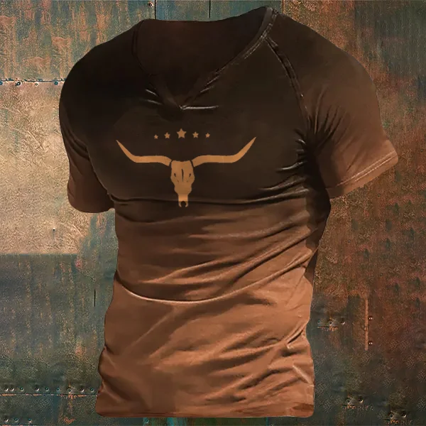 Western V Neck Gradient Bull Head Print T Shirt