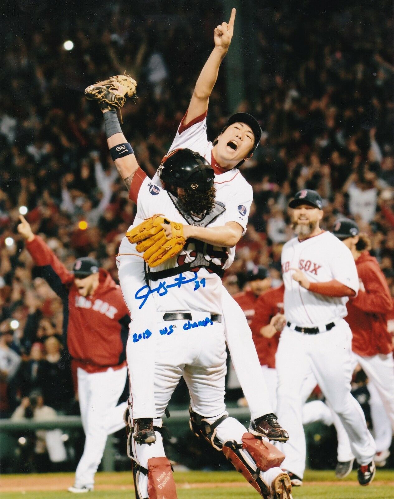 JARROD SALTALAMACCHIA BOSTON RED SOX 2013 WS CHAMPS ACTION SIGNED 8x10