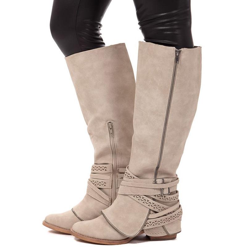 Women's retro buckle straps knee high biker boots