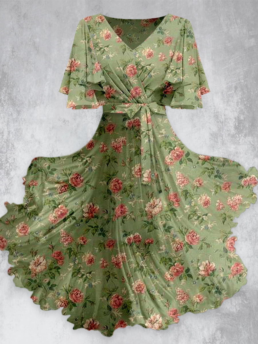 Retro Floral Print V-Neck Chic Short Sleeve Midi Dress