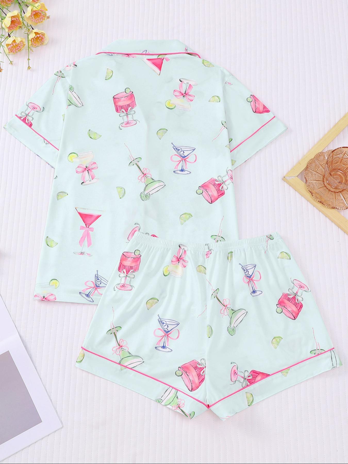 Women's All-Over Cocktail Print Button Front Shirt & Elastic Waist Shorts Pyjama, Casual Comfy Pjs Short Sleeve Top & Shorts Pajamas Set, Ladies Sleepwear for All Seasons, Loungewear, Casual Pajamas Outfit