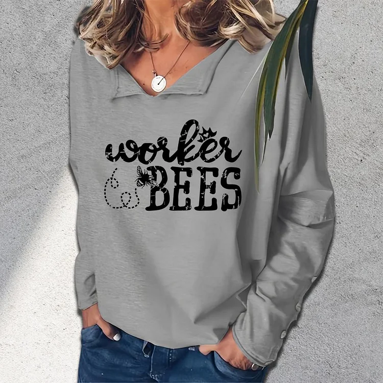 workes bees V-neck loose  sweatshirt_G242-0023520
