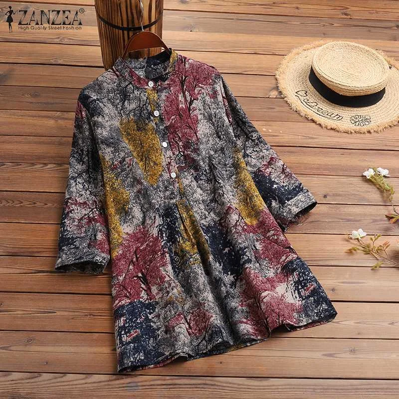 ZANZEA 2022 Autumn Shirt Vintage Women Floral Printed Tunic Tops Casual Loose Blouse Chemise Bohemian 3/4 Sleeve Work Blusas