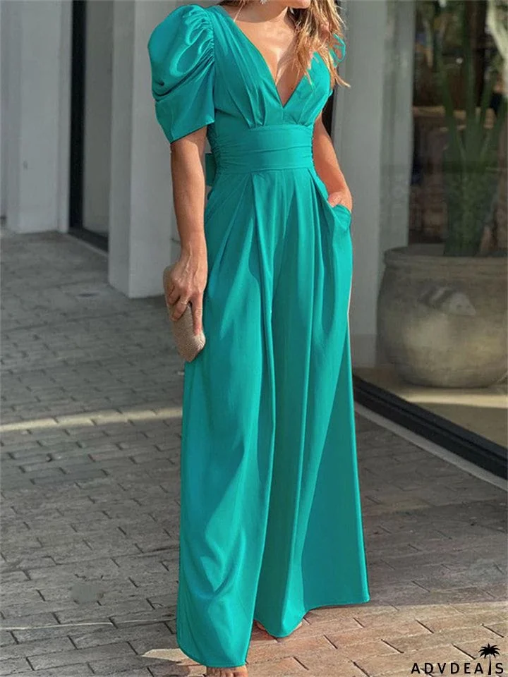 Women's Elegant Deep V-neck Puff Short Sleeve Straight Leg Jumpsuit