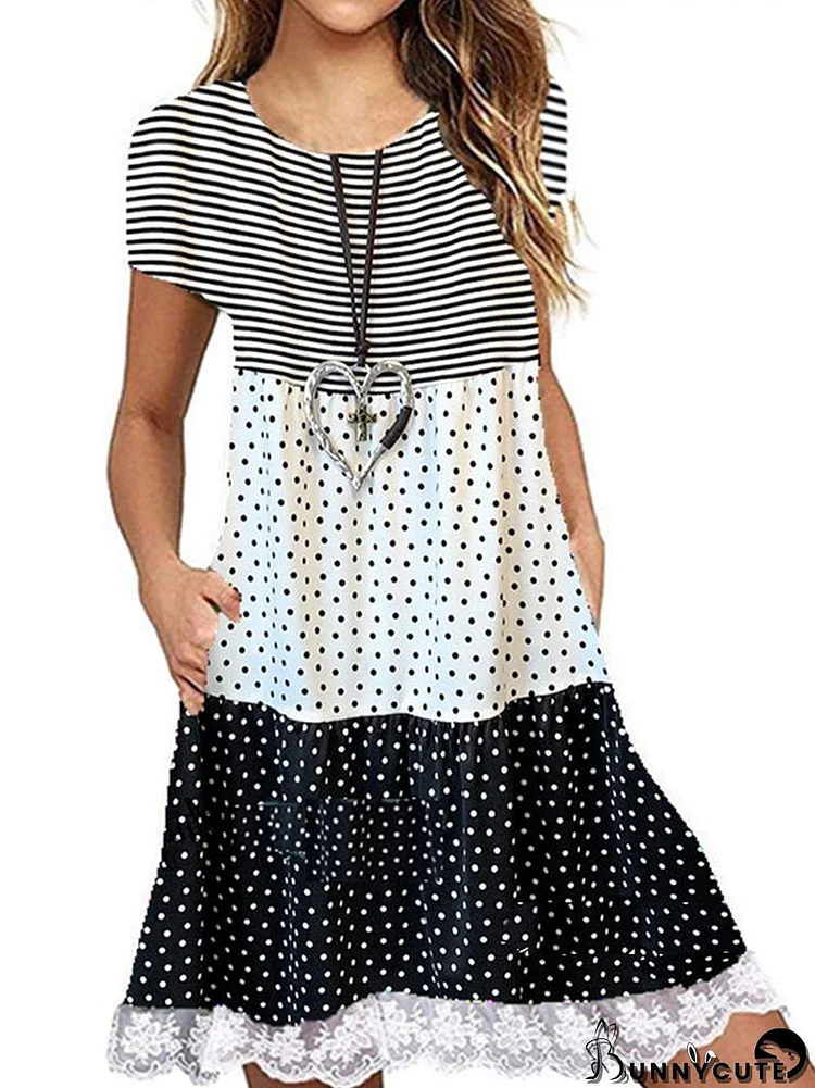 Women's Colorblock Polka Dot Short Sleeve Scoop Neck Midi Dress