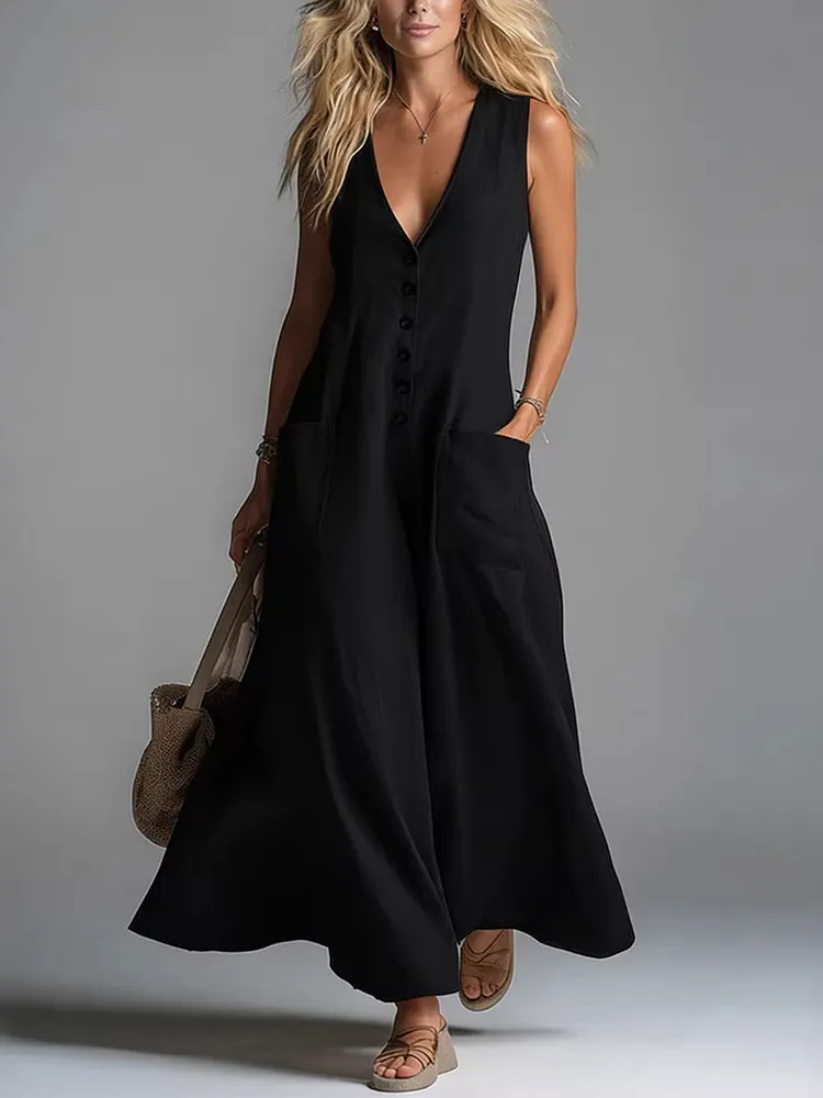 Women's Casual Pocket Deep V-neck Solid Color Casual Dress