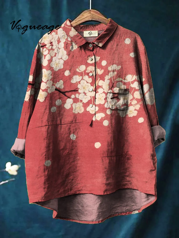 Simple Cold Leisure Simple Plum Blossom Print Cotton And Linen Shirt