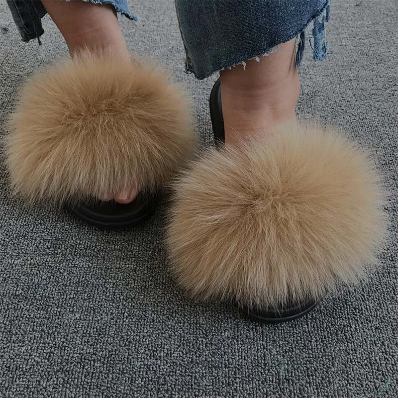 Hot Summer Women Fox Fur Slippers Real Fur Slides Female Indoor Flip Flops Casual Raccon Fur Sandals Furry Fluffy Plush Shoes