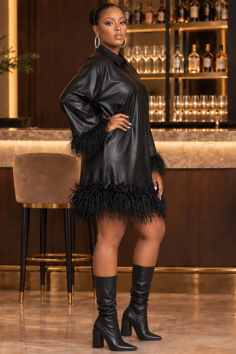 leather mini dress plus size Xpluswear Design Party Black Shirt Collar Flare Long Sleeve Feather PU Dresses [Pre-Order] Short Tulle Party Dress