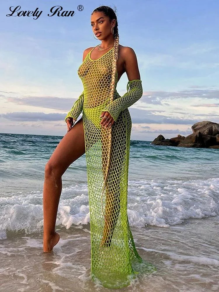 Uveng Hollow Maxi Dress Women Beach Summer Halter Sleeveless Backless Long Dresses Female 2023 Split Bodycon Ladies 425-0