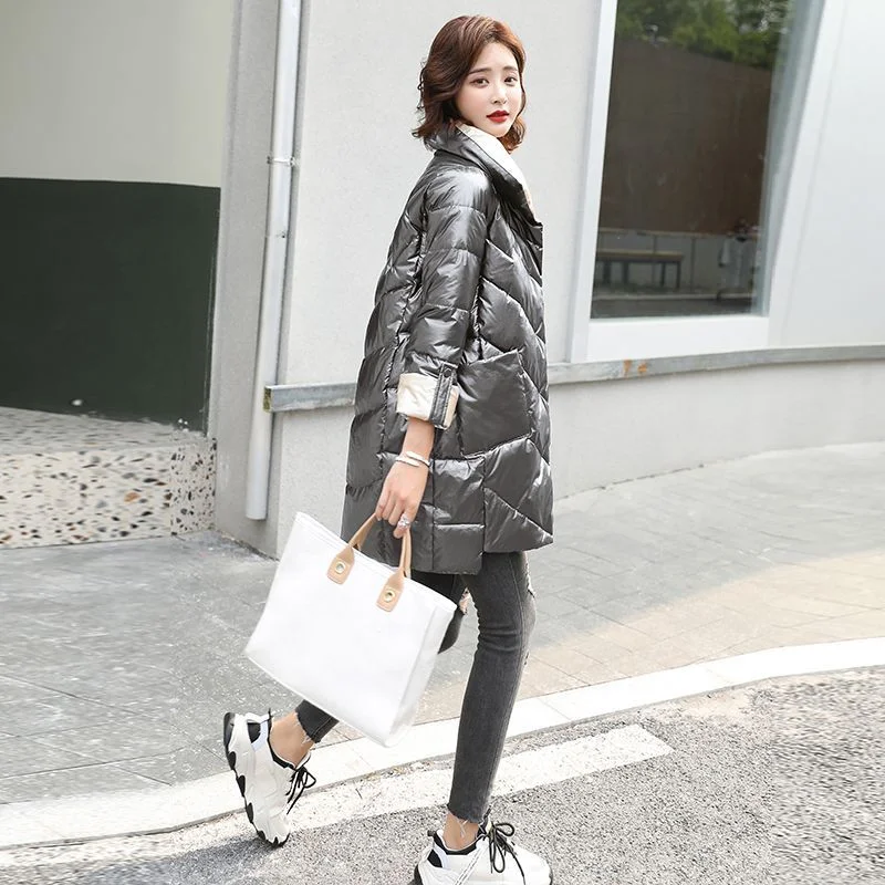 FTLZZ New Winter Women Long Parka Stand Collar Bright Color Windproof Loose Cotton Coat Fashion Streetwear Thick Warm Outwear