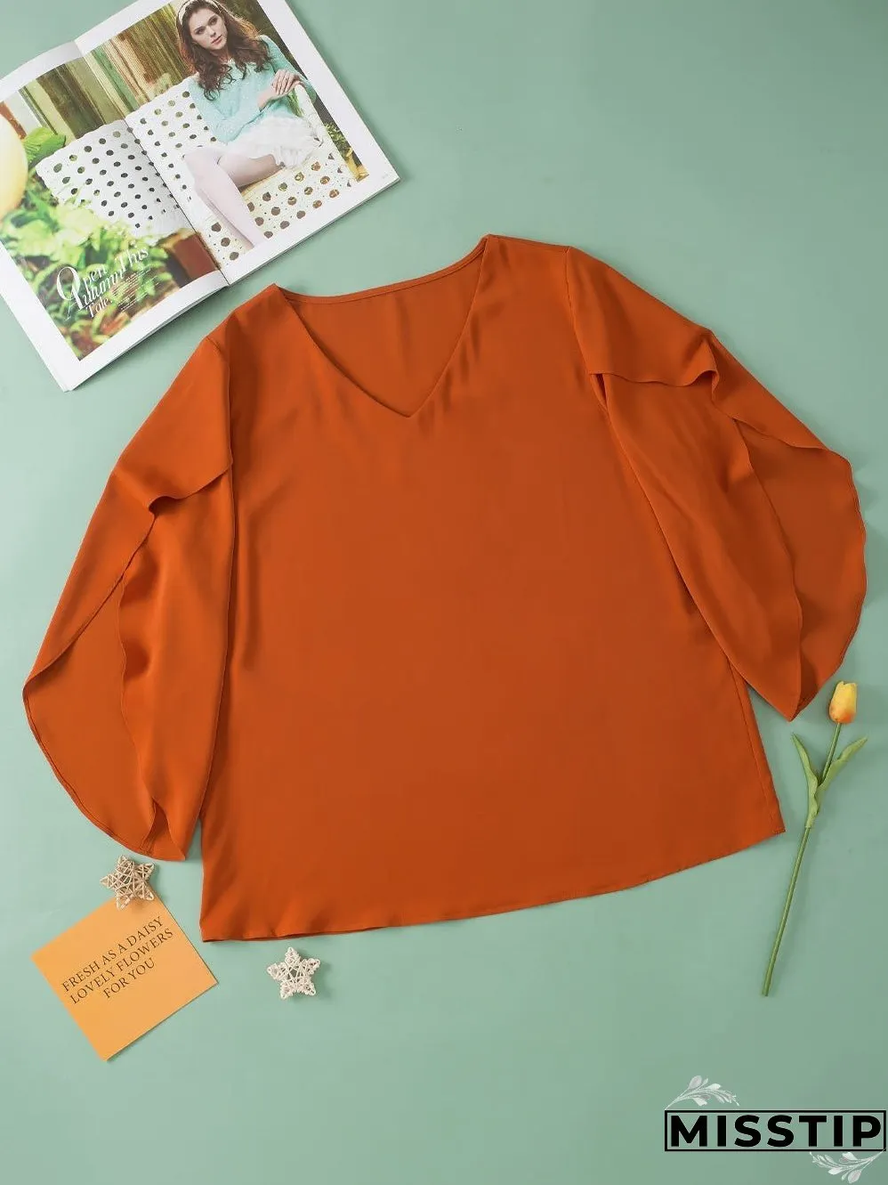 Golden Flame Wrap Sleeve V-Neck Plus Size Blouse