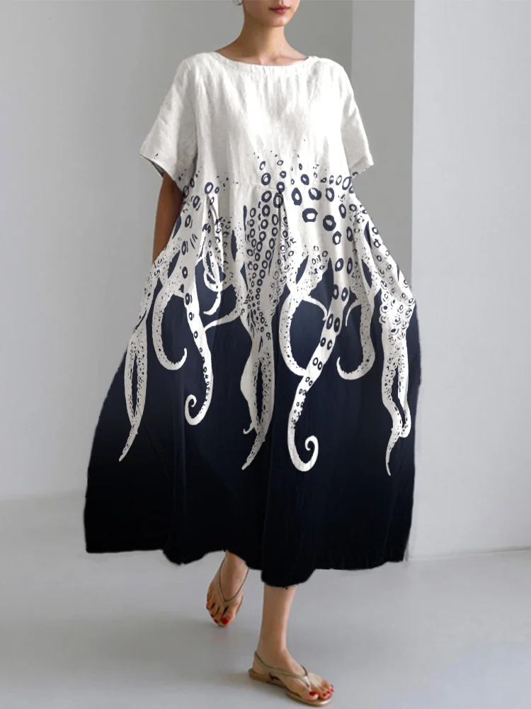 VChics Ocean Octopus Japanese Art Linen Blend Casual Dress
