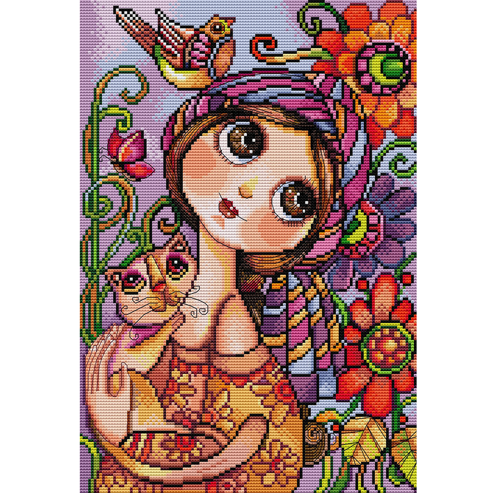 Girl Full 14CT Pre-stamped Canvas(29*40cm) Cross Stitch(backstitch)