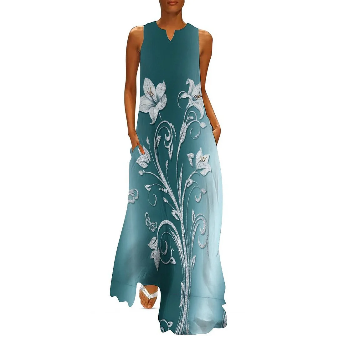 Style & Comfort for Mature Women Plus Size Printed Sleeveless Casual Women Maxi Dress with Pockets in Pattern Green, Lily, Glitter, Floral