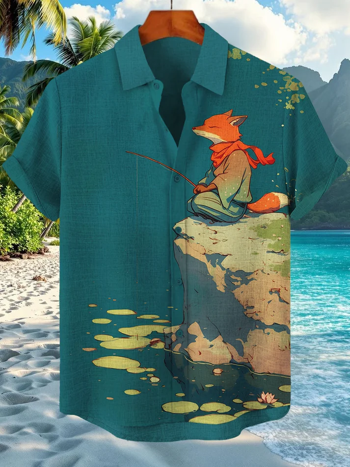 Men's Fox Fishing Print Short Sleeve Shirt