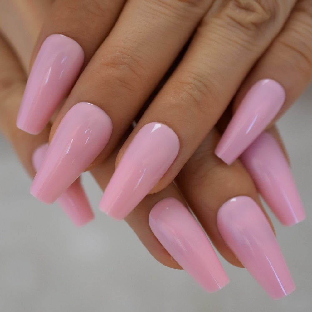 EchiQ Glossy Coffin Fake Nails Pink Long Size Thick Faux Ongles Ballerina Press On Nails Reuseable Square Manicure Tips 24