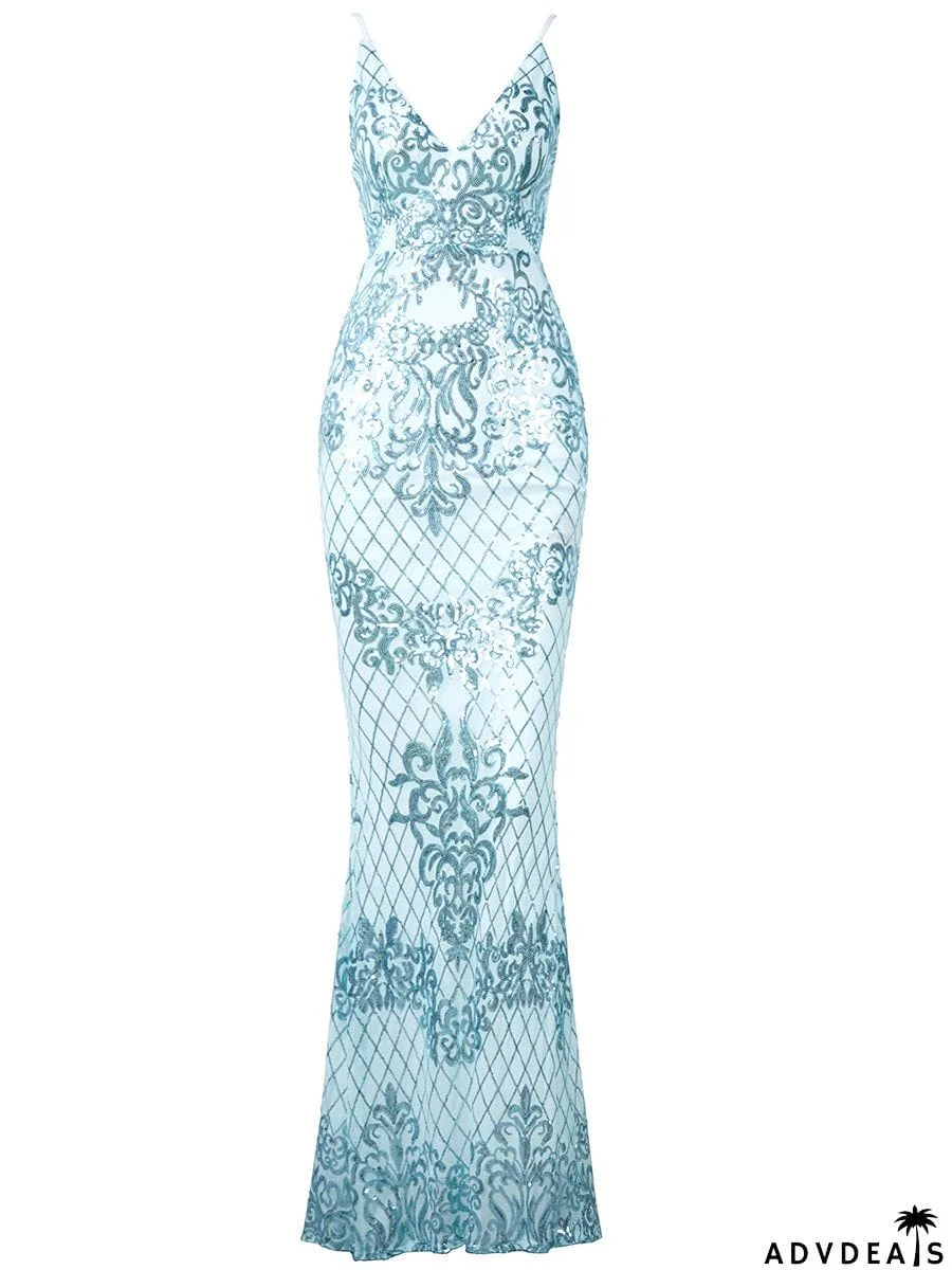 Glitter Mermaid Backless Spaghetti Evening Dress M0645