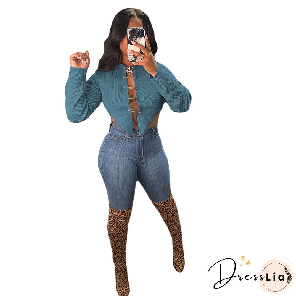 Ribbed Knitted Long Sleeve Pin Up Cardigan Crop Tops