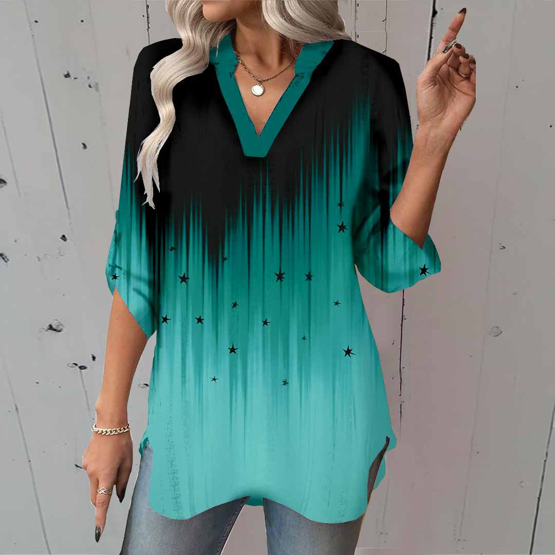 Women Green, Gradient DZGA0065 3/4 Sleeve V-neck Printed Graphic Button Tops
