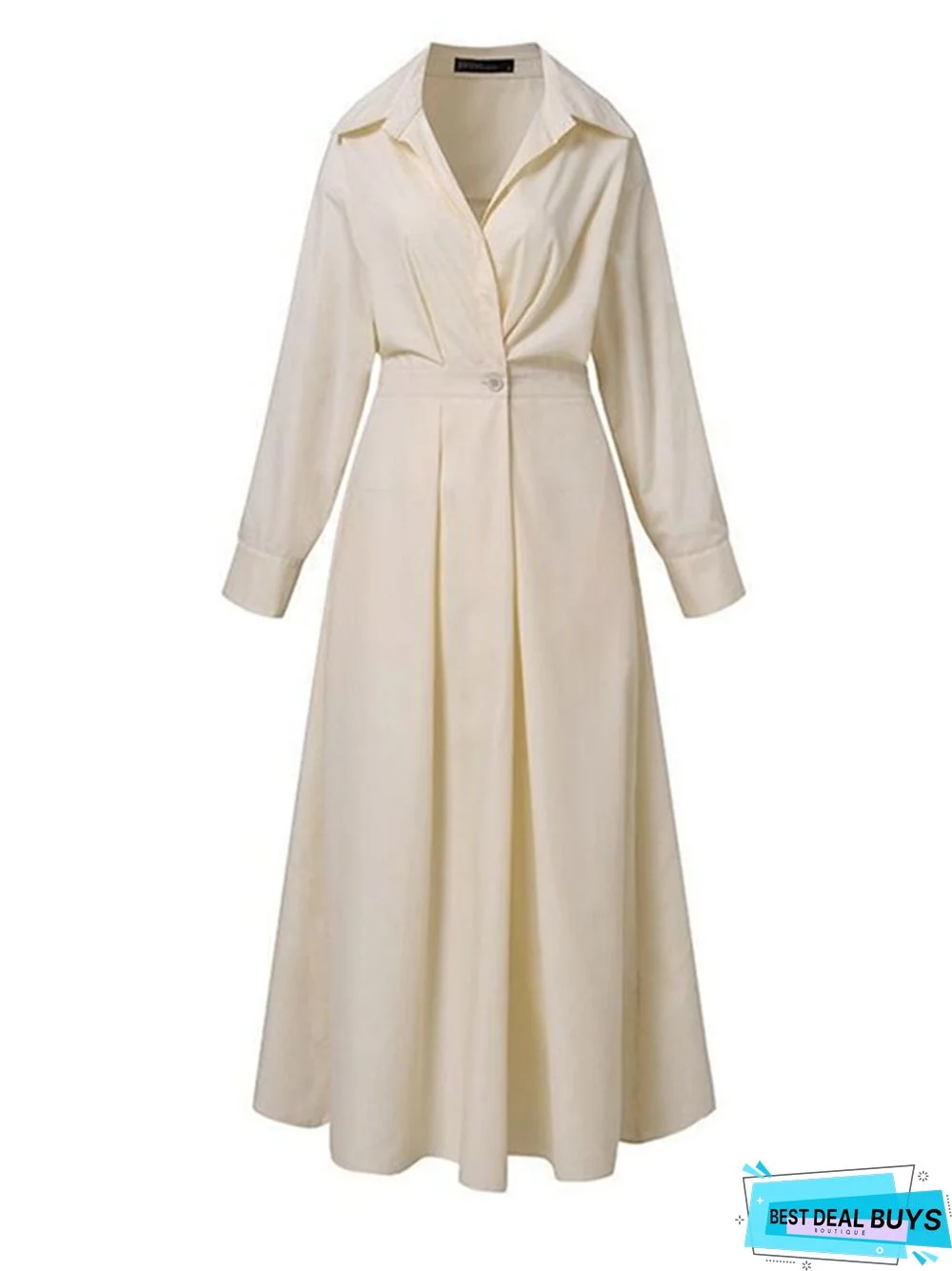 Solid Women's Vintage Lapel Shirt Long Sleeve Big Hem Cotton Linen Black Dresses