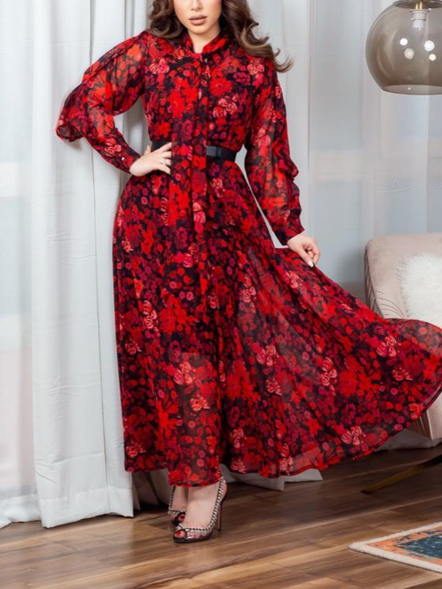Floral Print Belted Long Sleeve Tie Neck Kaftan Dress | Oxredo Shop Ramadan Sale