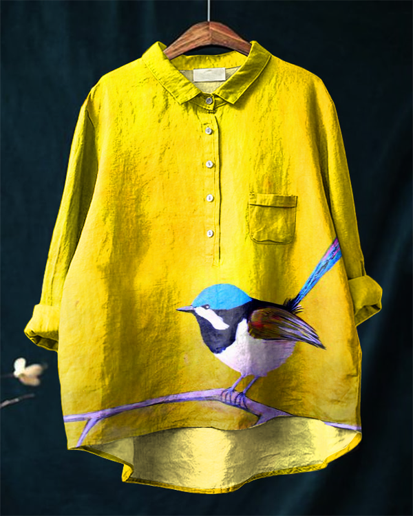 Yellow Hummingbird Art Casual Cotton and Linen Shirt