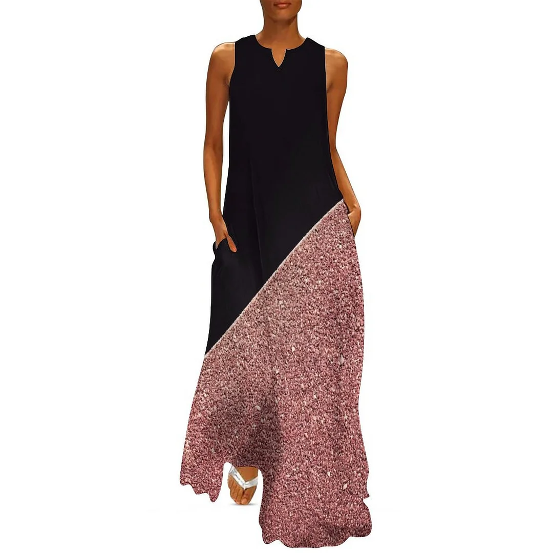 Style & Comfort for Mature Women Plus Size Printed Sleeveless Casual Women Maxi Dress with Pockets in Pattern Black, Red, Glitter