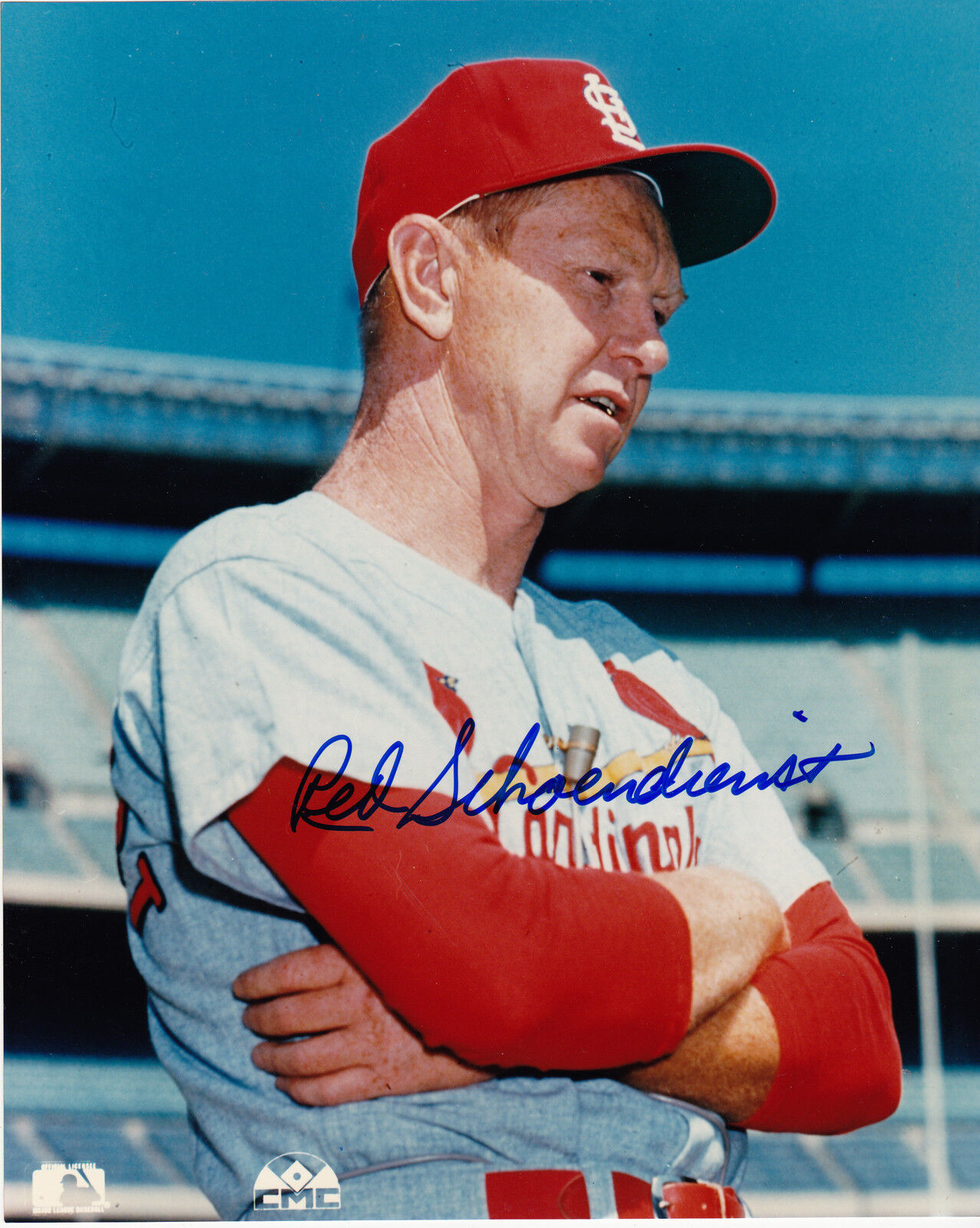 RED SCHOEDIENST ST. LOUIS CARDINALS ACTION SIGNED 8x10