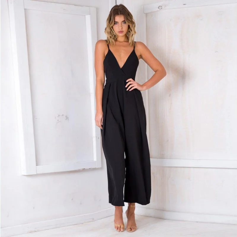 New European and American Style Sexy Deep V-Neck Suspender Wide Leg Jumpsuit