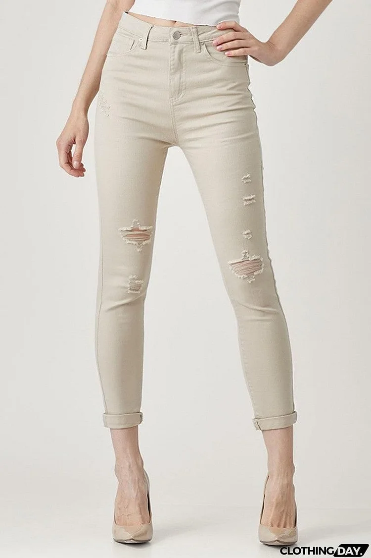 RISEN Distressed Skinny Jeans in Khaki