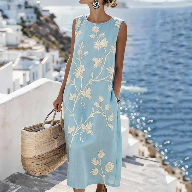 Women's Japanese Floral Art Linen-blend Sleeveless Maxi Dress elevenforest
