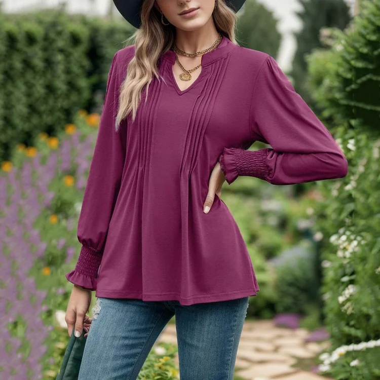 Wearshes Bubble Sleeved V-Neck Casual Long Sleeved T-Shirt