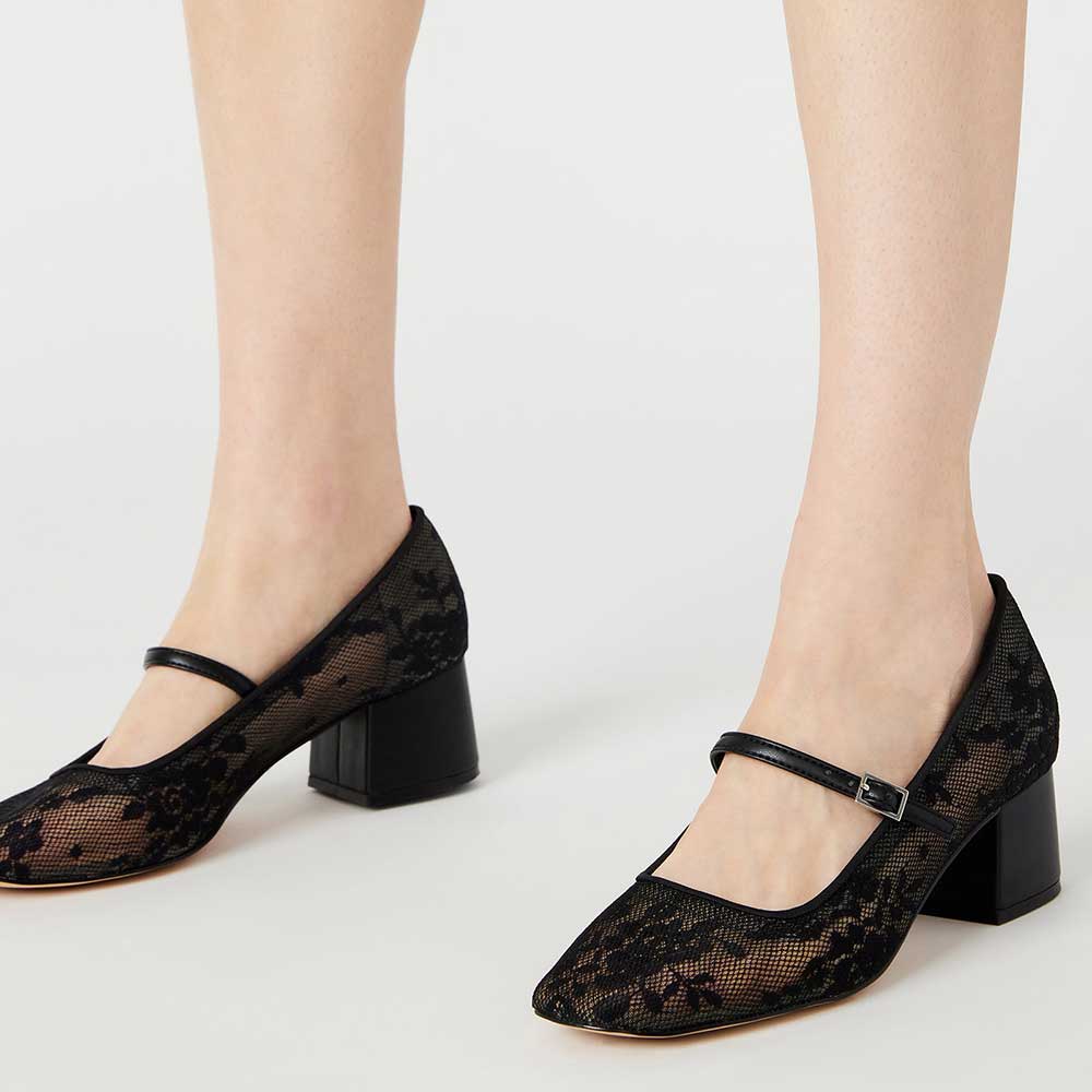 Black Floral Lace Round Toe Block Heel Buckle Strap Mary Jane Shoes Nicepairs