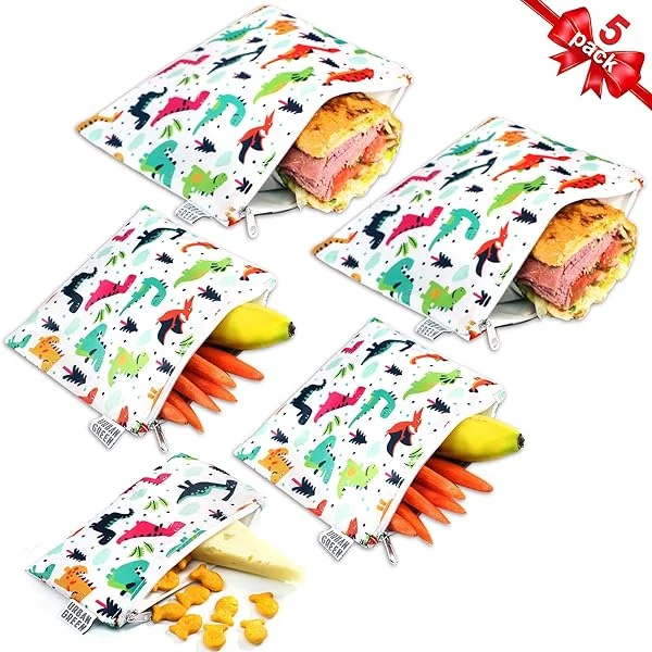 Reusable Snack Bags for kids Urban Green, Kids snack containers, Reusable sandwich bag kids, dishwasher safe, BPA Free, 5 pack, sandwich reusable bag, Unicore snack Bags, Snack Bag (Pink Unicorn)