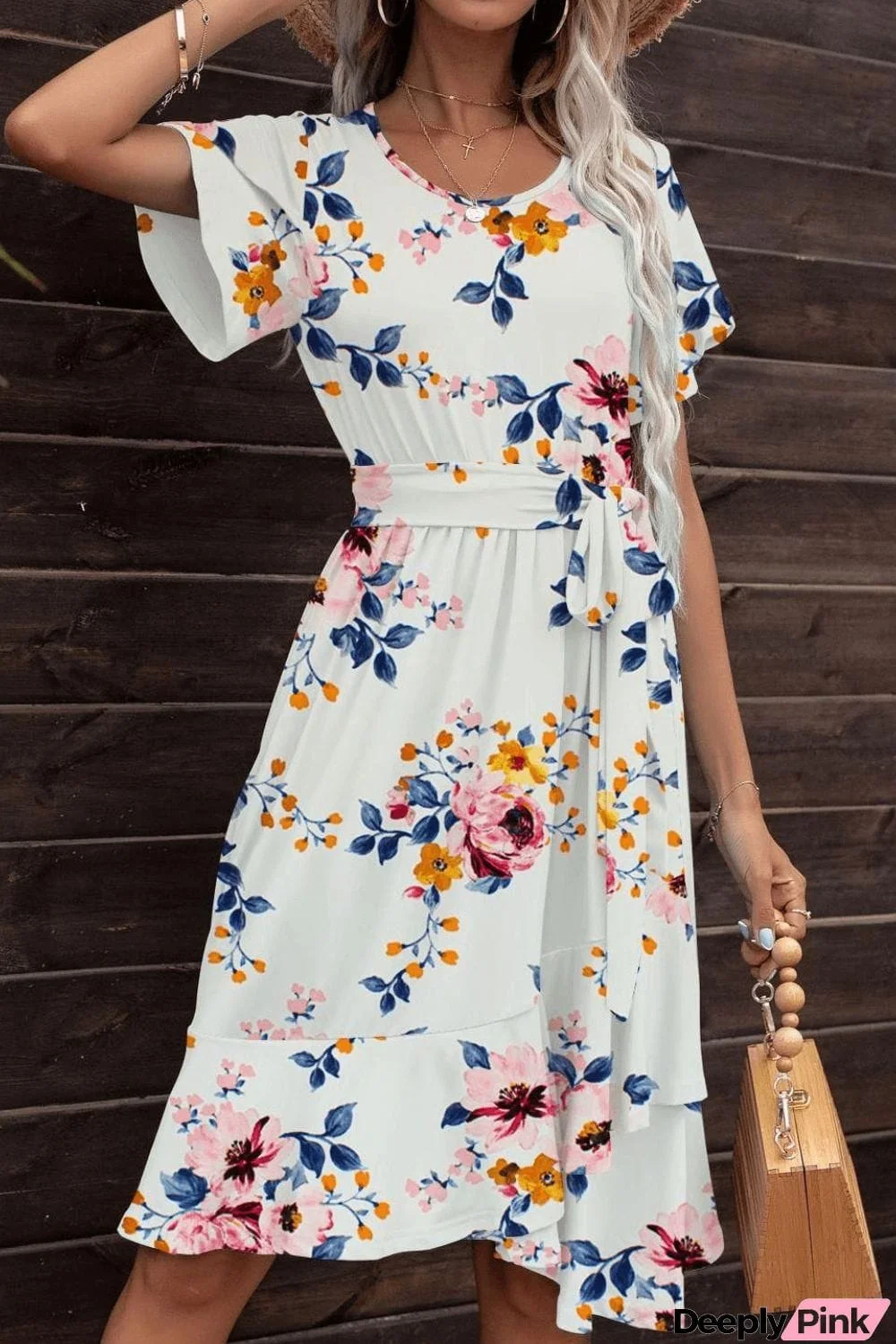 Tie Waist Petal Sleeve Ruffle Hem Dress