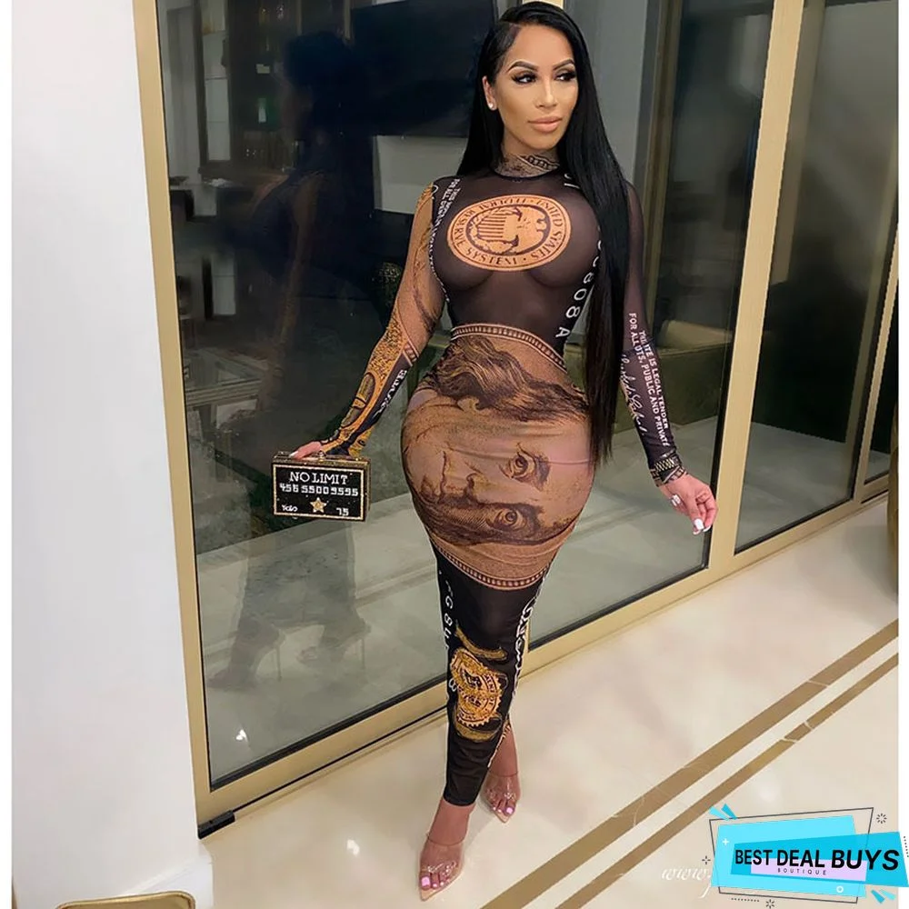 Fashion Sexy Screen Printed Long Sleeve Dress