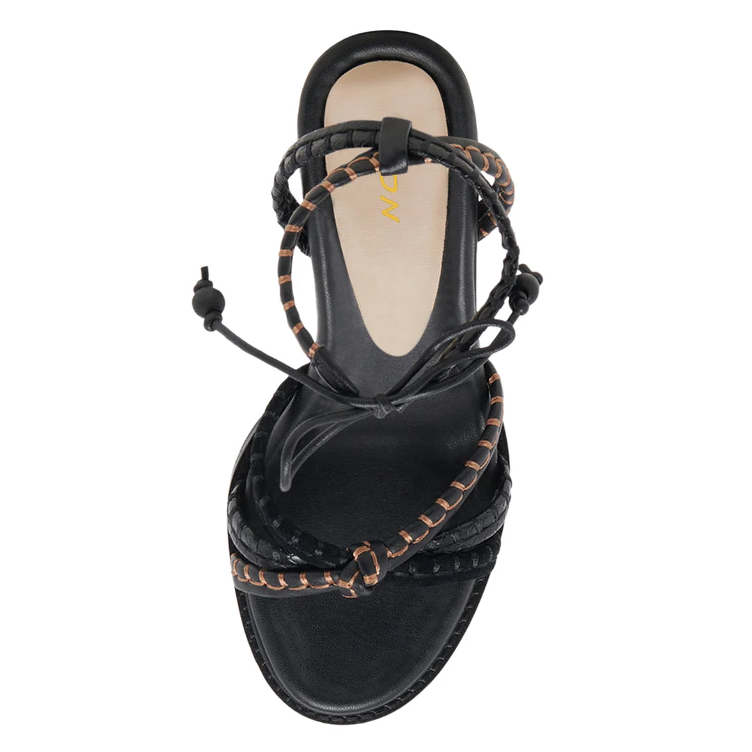 Black Vegan Leather Round Toe Stitched Lace-Up Block Heel Sandals