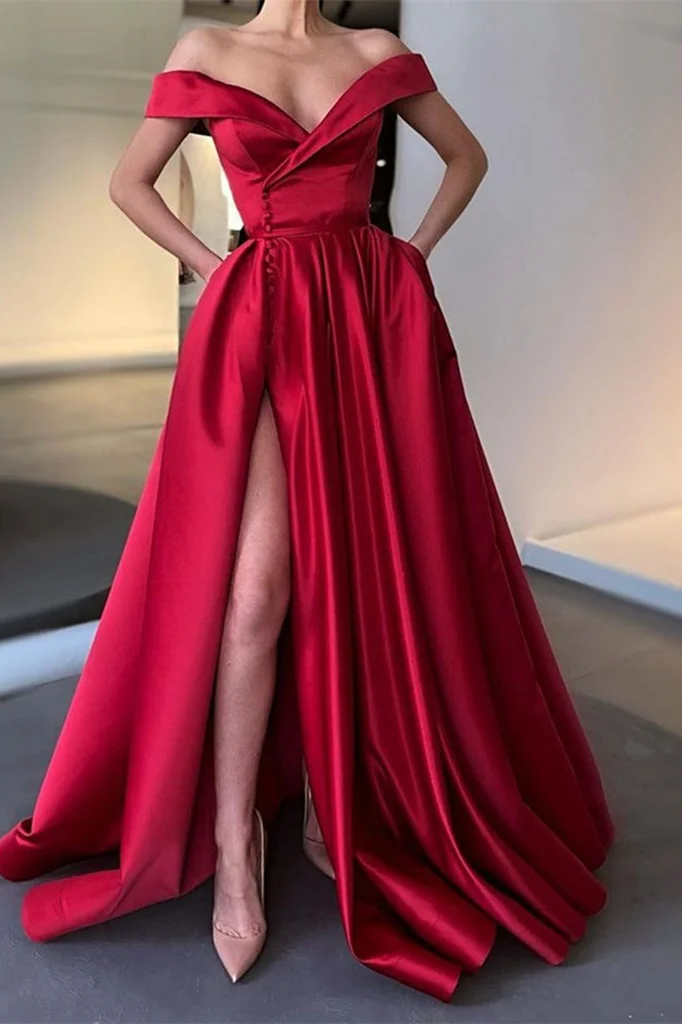 Luluslly Off-the-Shoulder Long Split Prom Dress With Pockets