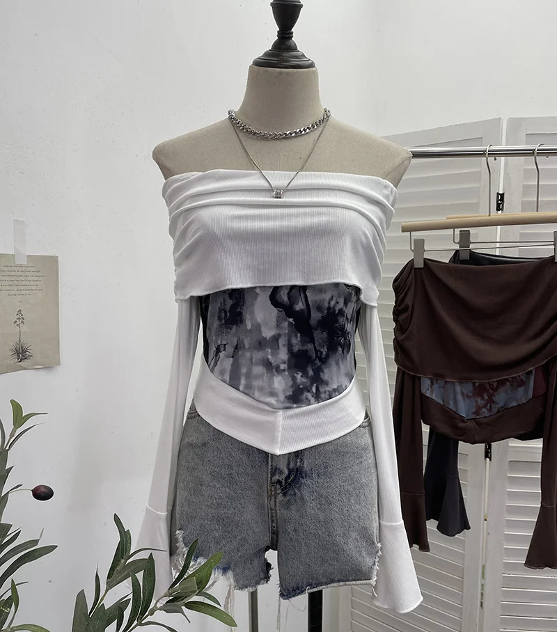 Uveng Real Shooting Maillard Wasteland Wind Word Shoulder Long-Sleeved Top Print Spliced Knitted Horn Sleeve Short T-Shirt 2663